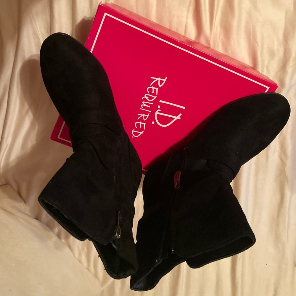 I.D. Required booties, black suede, new with tags